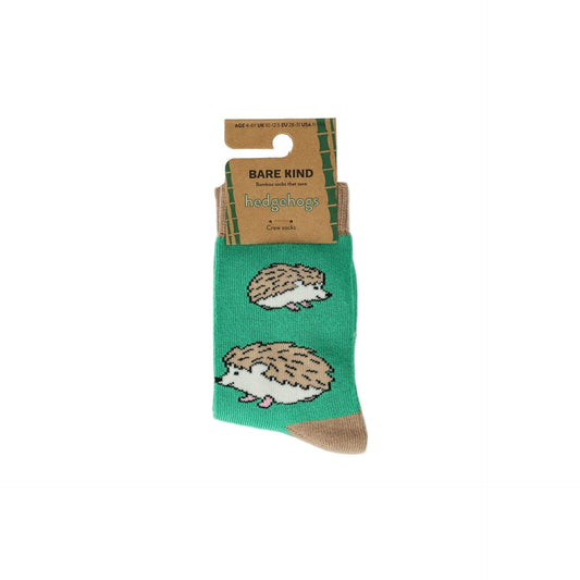 Green socks with hedgehog design on a white background