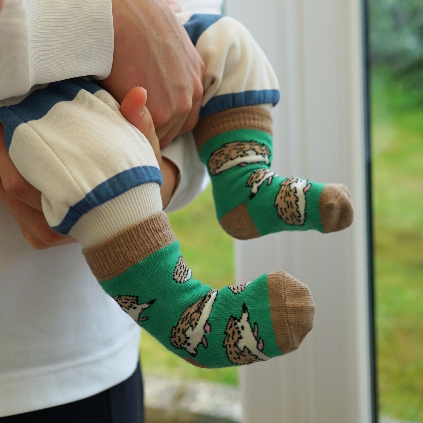 Child's legs wearing green socks with hedgehog pattern, held by an adult, against a blurred outdoor background.
