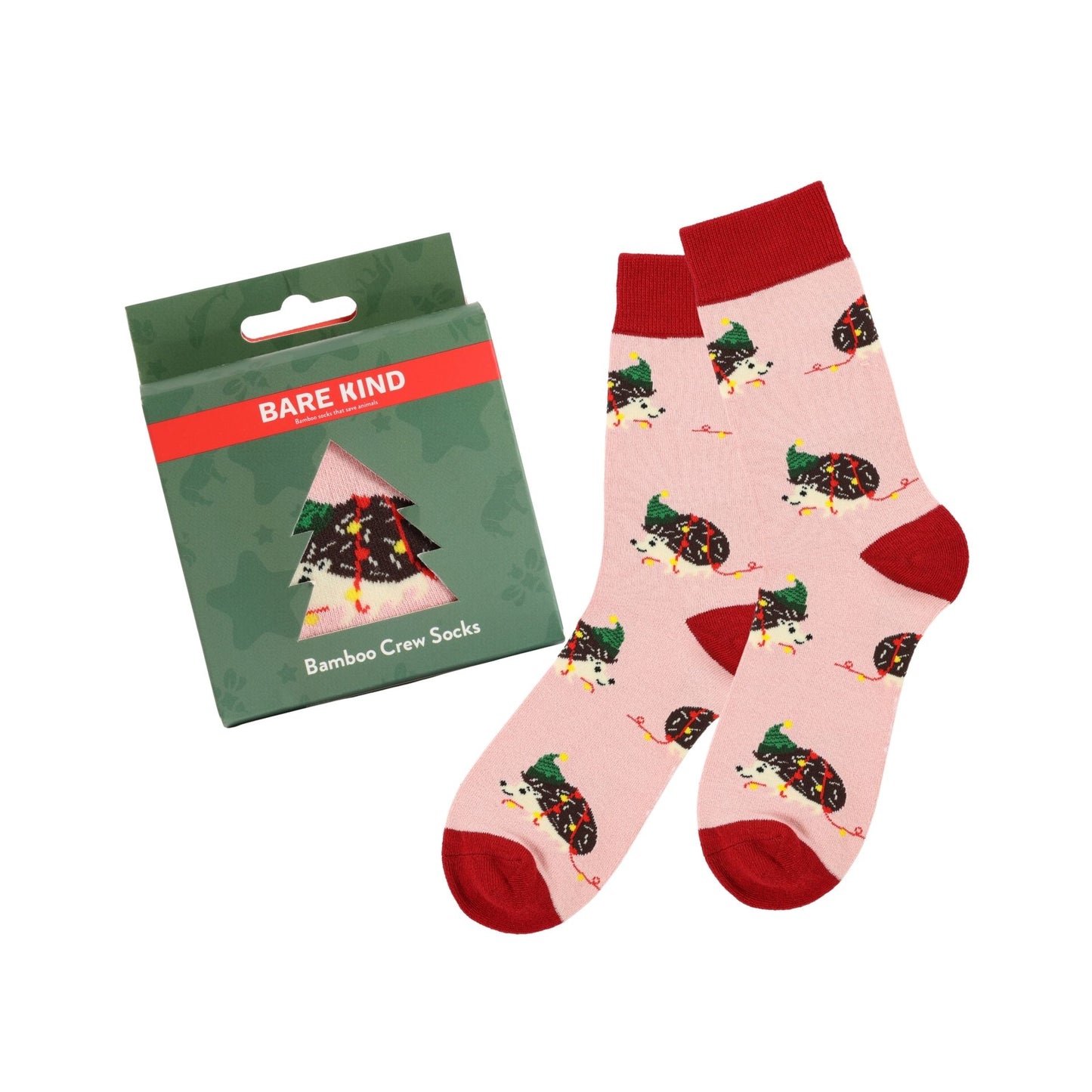 Christmas Hedgehog socks with packaging on a white background