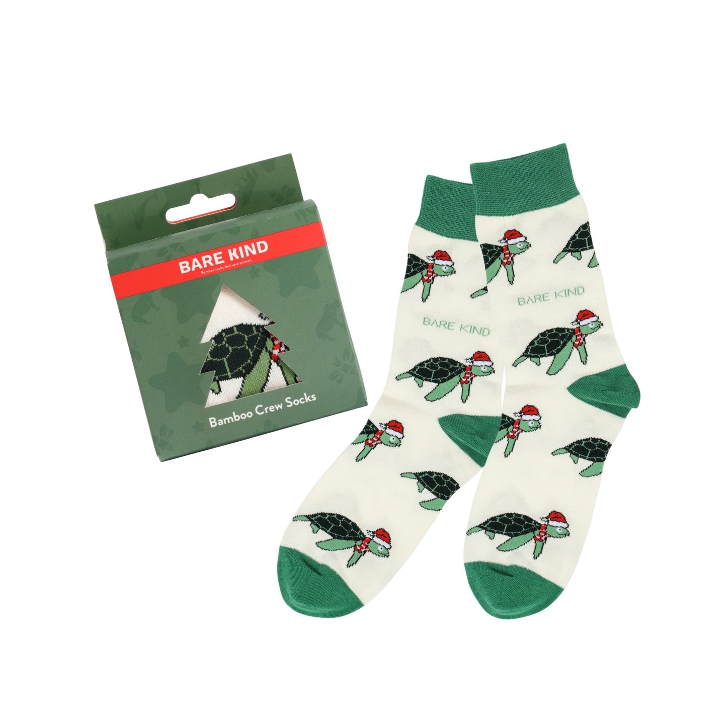 Christmas Turtles socks with packaging on a white background