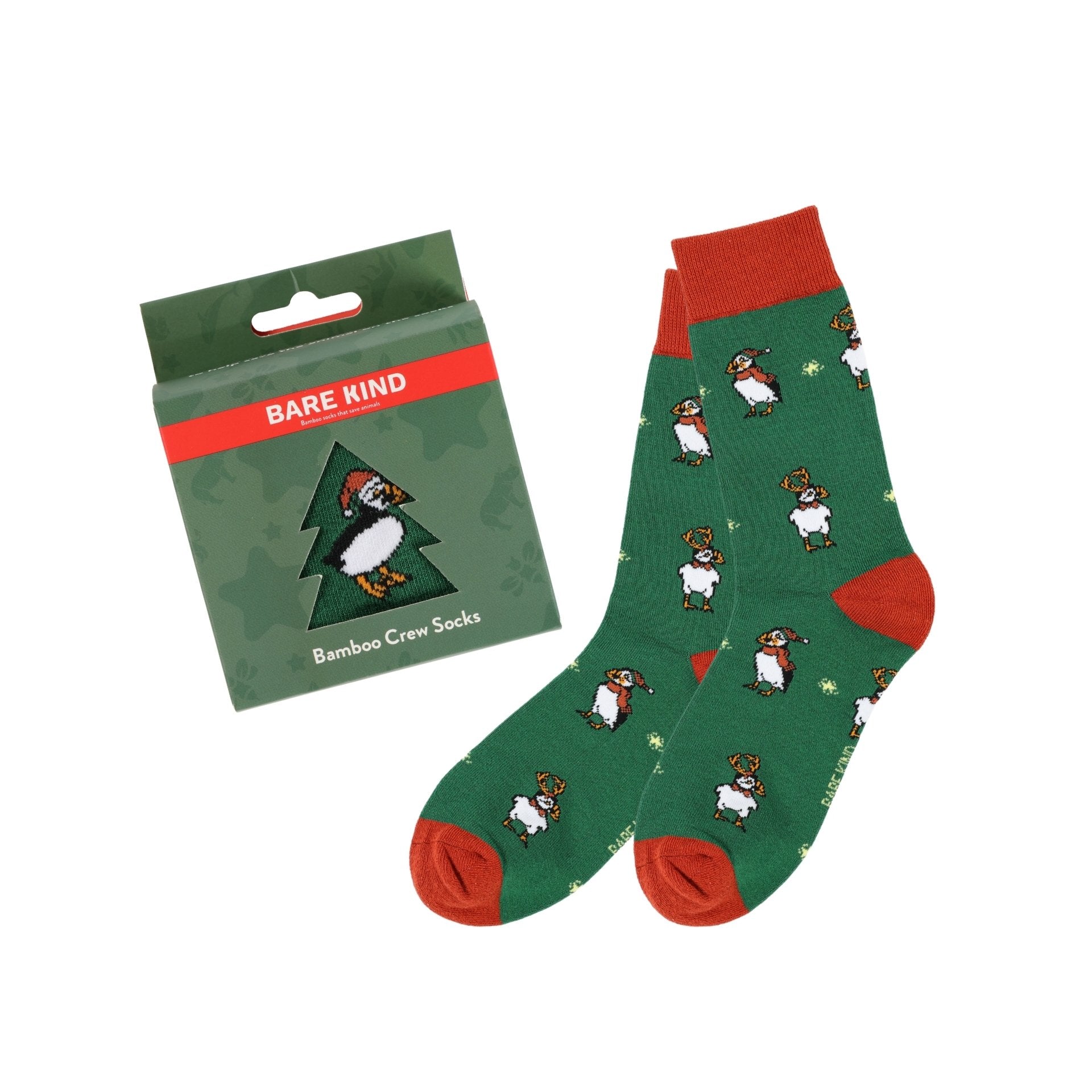 Green Christmas Puffins socks with packaging on a white background