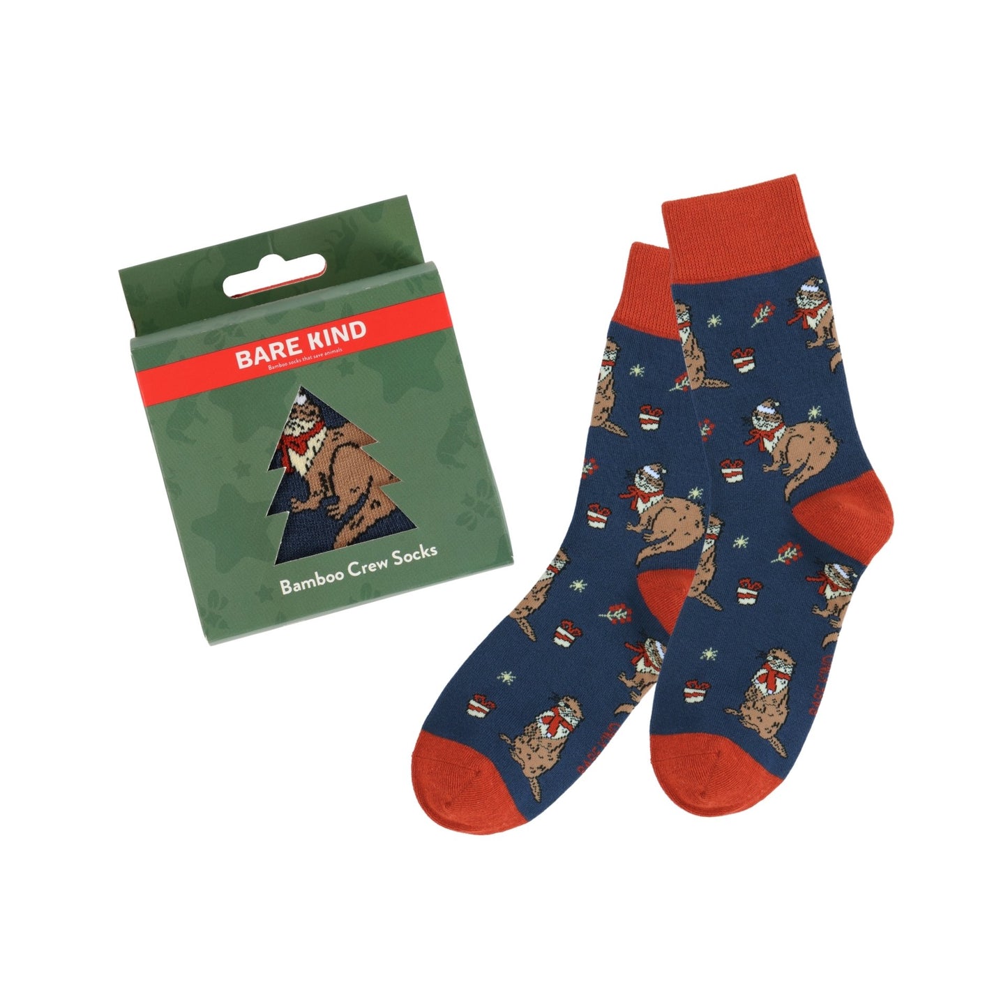 Christmas Otters socks with packaging on a white background