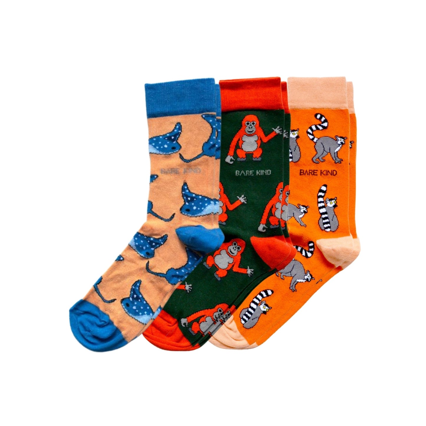 flat lays of orange Lemur, Ray & Orangutan bamboo socks