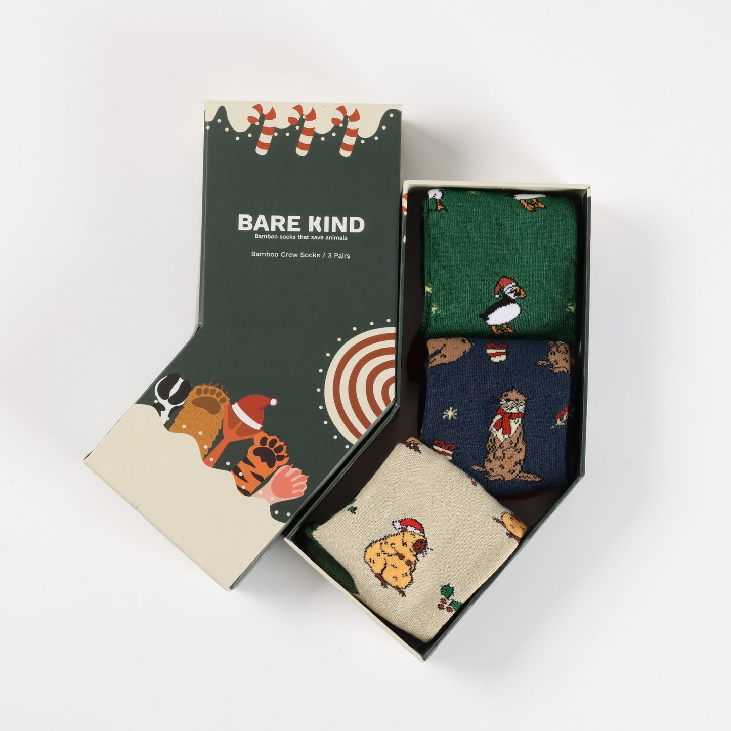 Set of socks in a 'Bare Kind' box on a white background