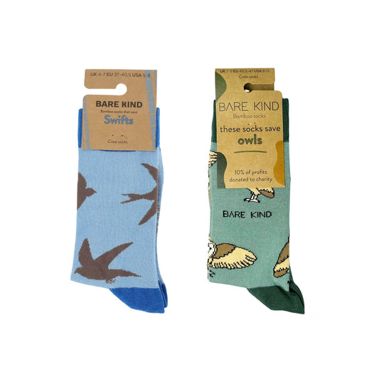 Two pairs of socks with bird designs and 'Bare Kind' branding on a white background.