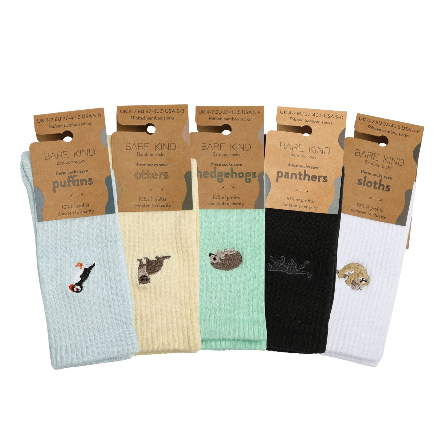 flat lays of Puffin, Otter, Hedgehog, Black Panther & Sloth ribbed socks