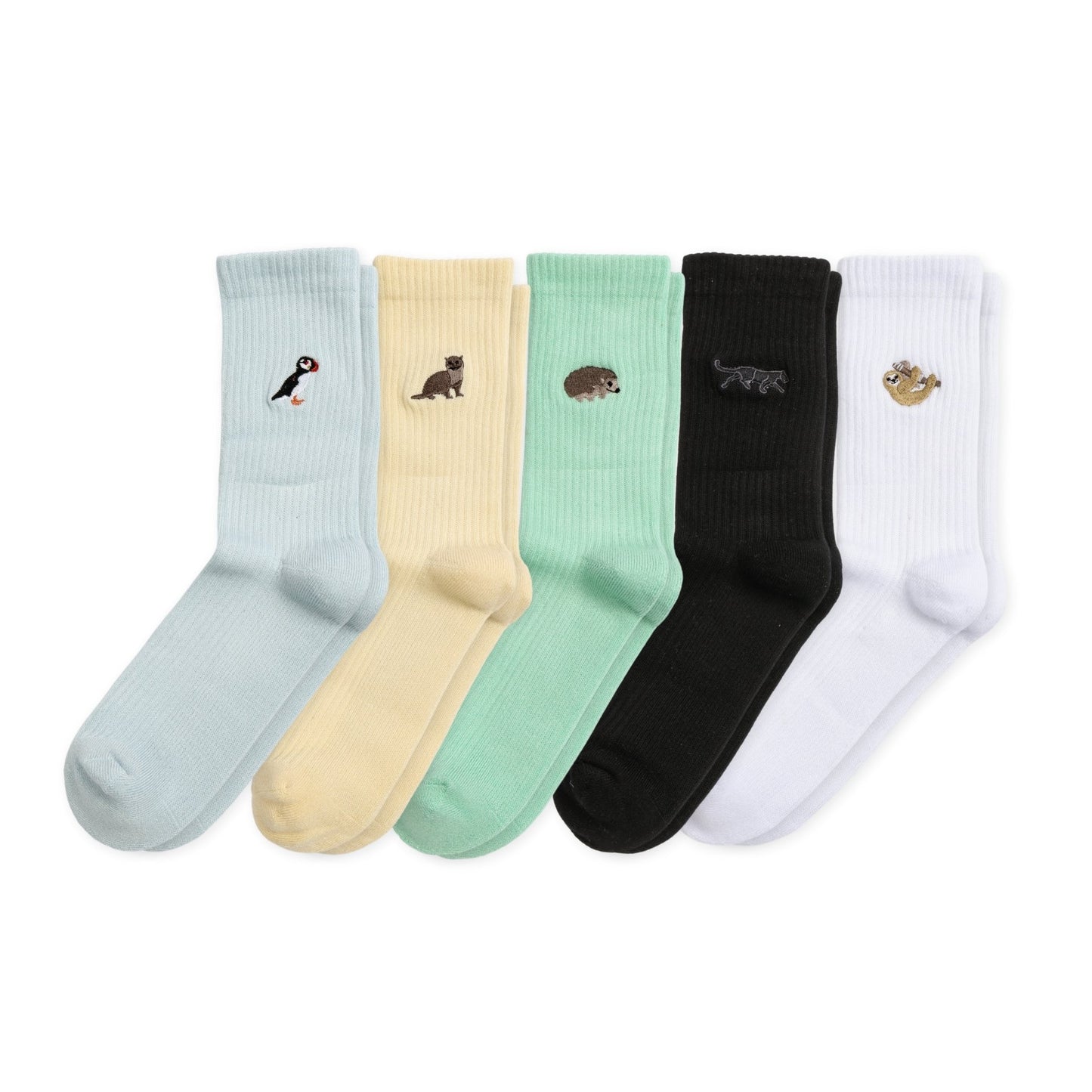 flat lays of Puffin, Otter, Hedgehog, Black Panther & Sloth ribbed socks