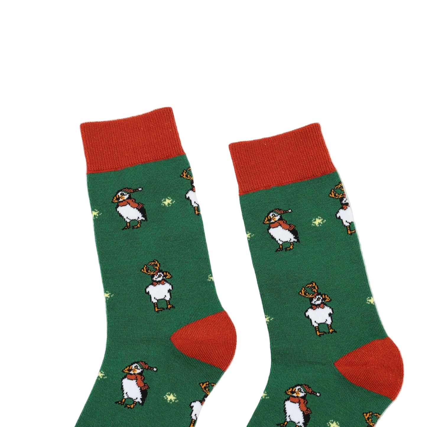 Green christmas puffin bamboo socks on a white background