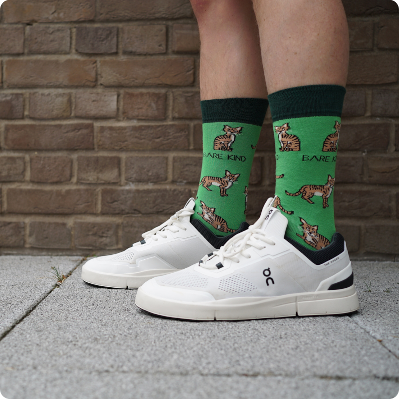 Model wearing Highland wildcat bamboo socks