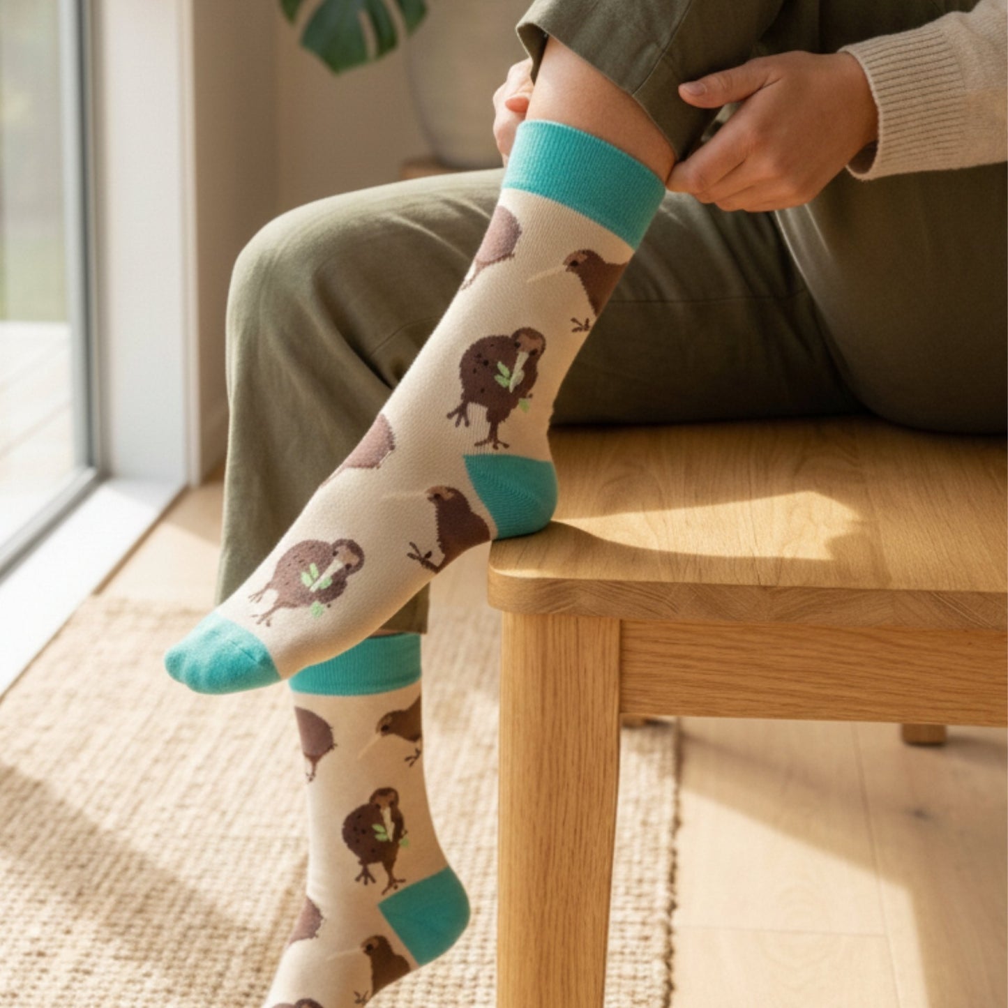 Model wearing Kiwi socks
