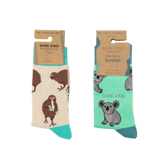 Two pairs of socks with animal illustrations and 'Bare Kind' branding on a white background.