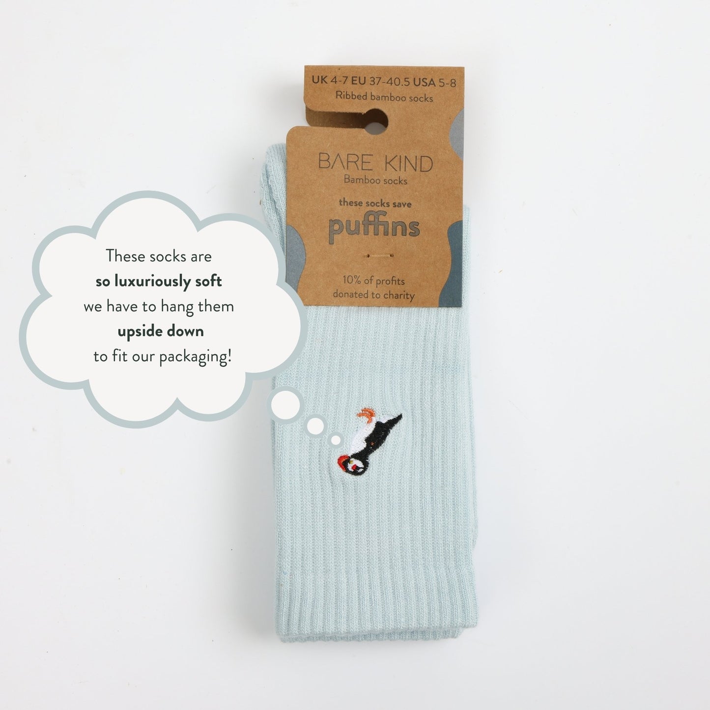 flat lays of blue puffin ribbed bamboo socks