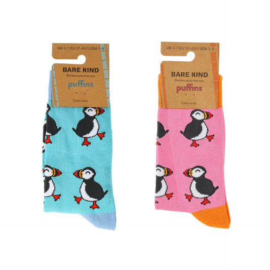 flat lays of blue puffin and pink puffin bamboo socks