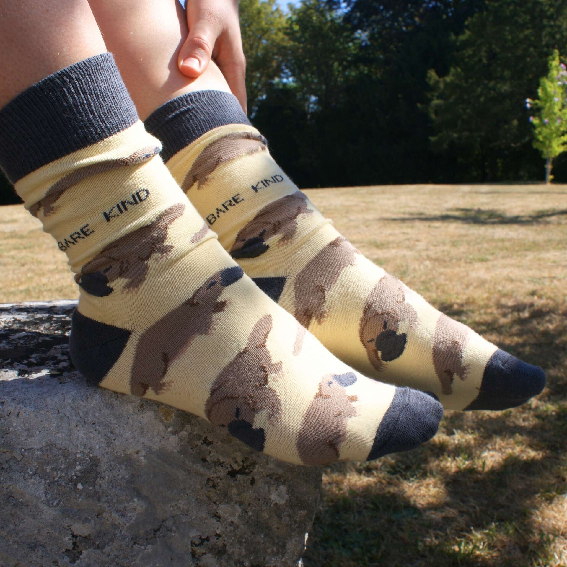 Person wearing socks with platypus design standing on a stone surface with grass and trees in the background.