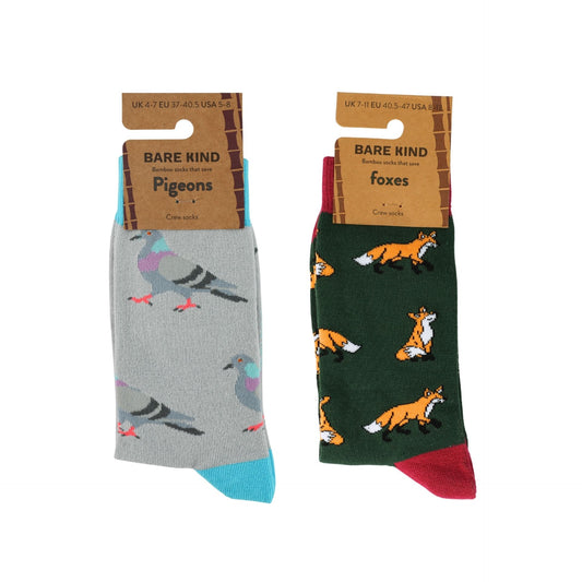 Two pairs of Bare Kind bamboo socks shown side by side on a white background. The left pair is light gray with a pigeon pattern and a bright blue toe.