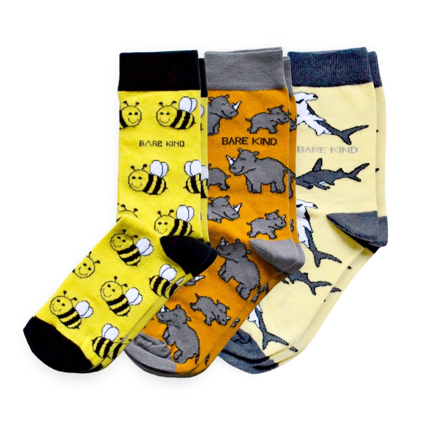 flat lays of yellow Bee, Rhino & Shark bamboo socks