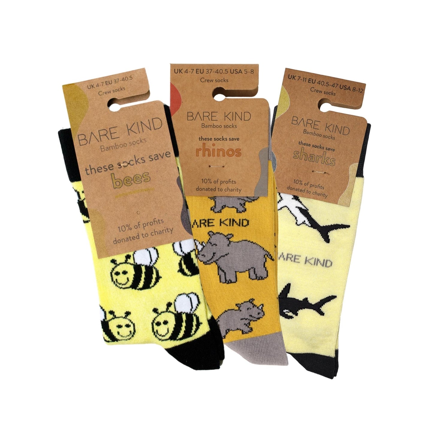 packaging flat lays of yellow Bee, Rhino & Shark