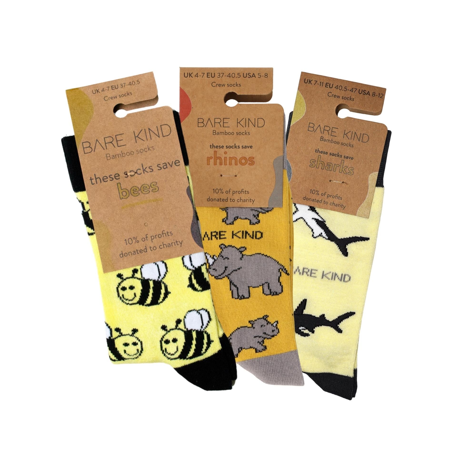 packaging flat lays of yellow Bee, Rhino & Shark