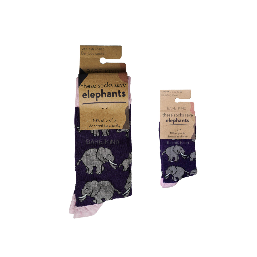 flat lay of elephant bamboo socks 100% recyclable packaging