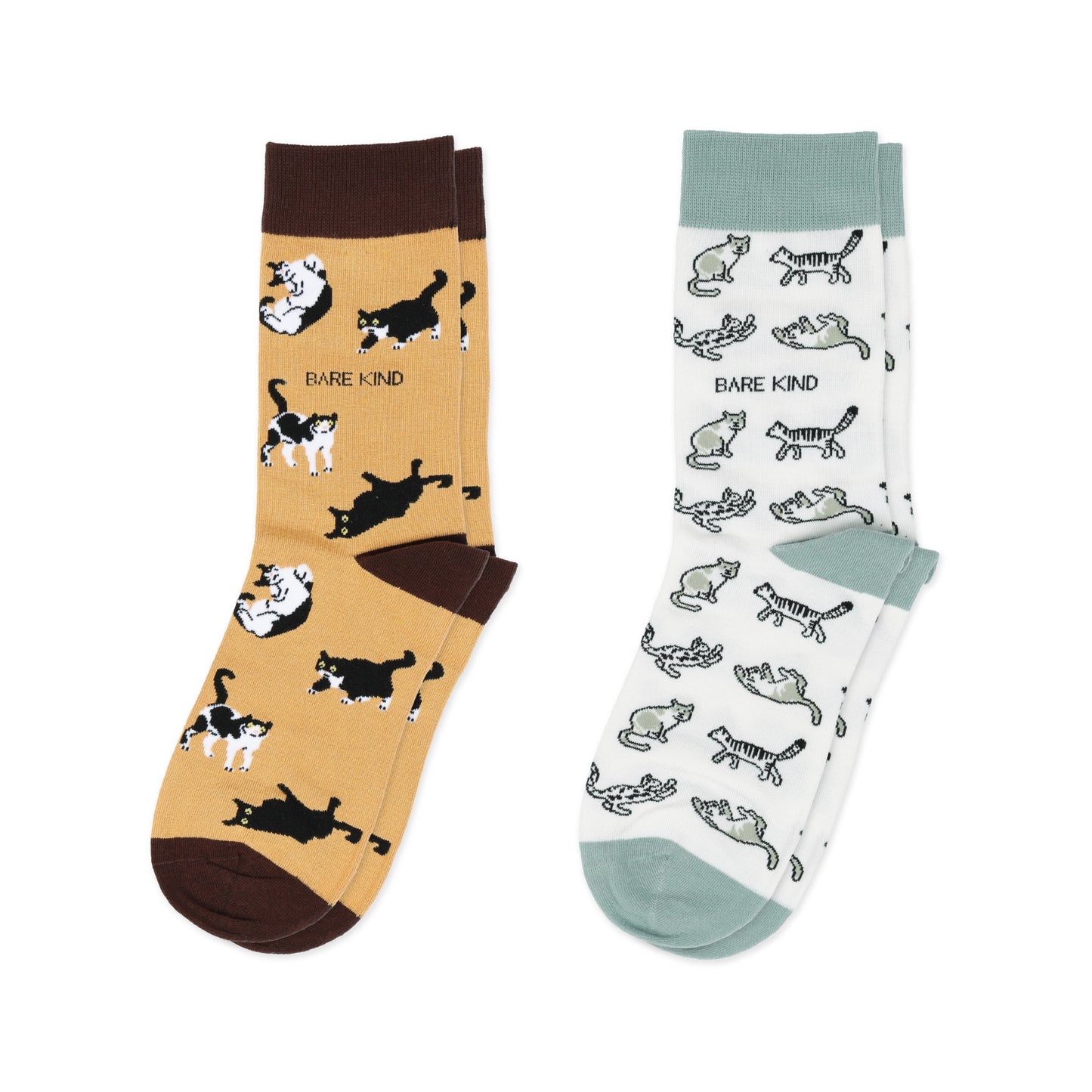 flat lays of brown cat, green cat bamboo socks