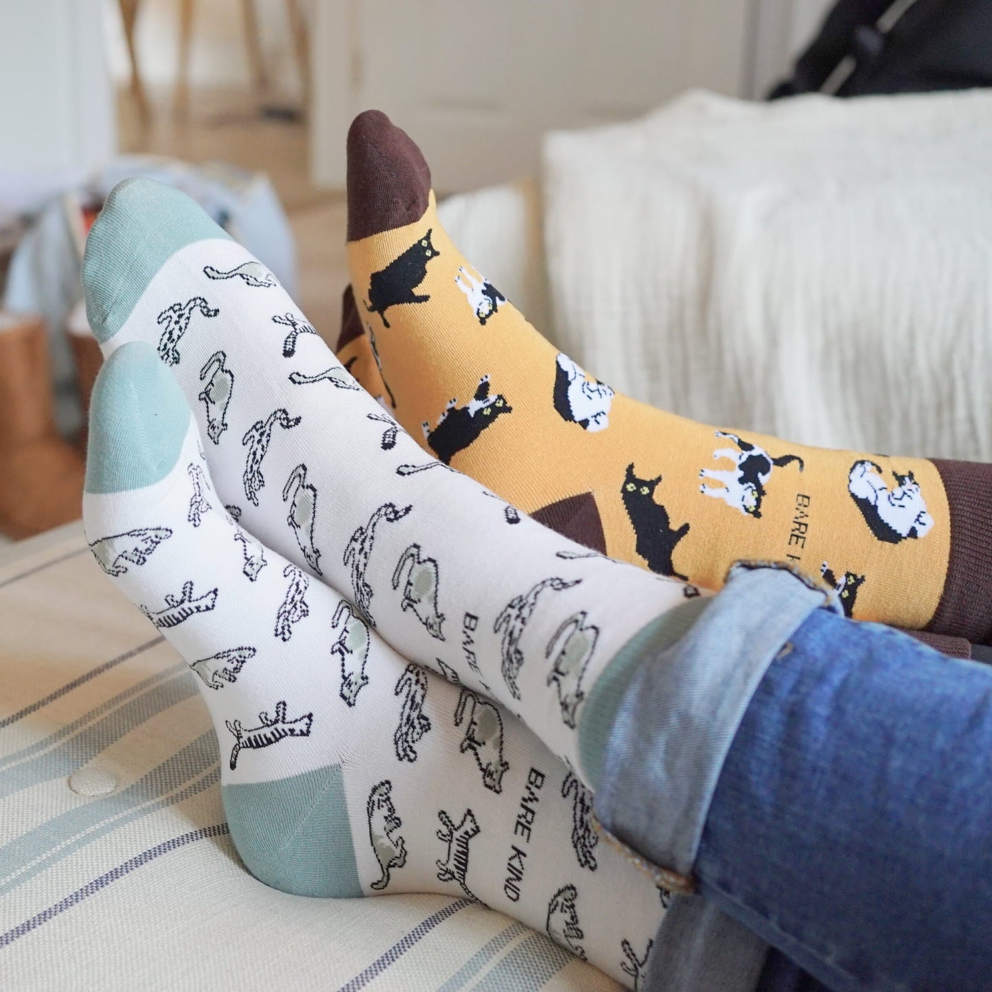 people wearing brown cat, green cat bamboo socks