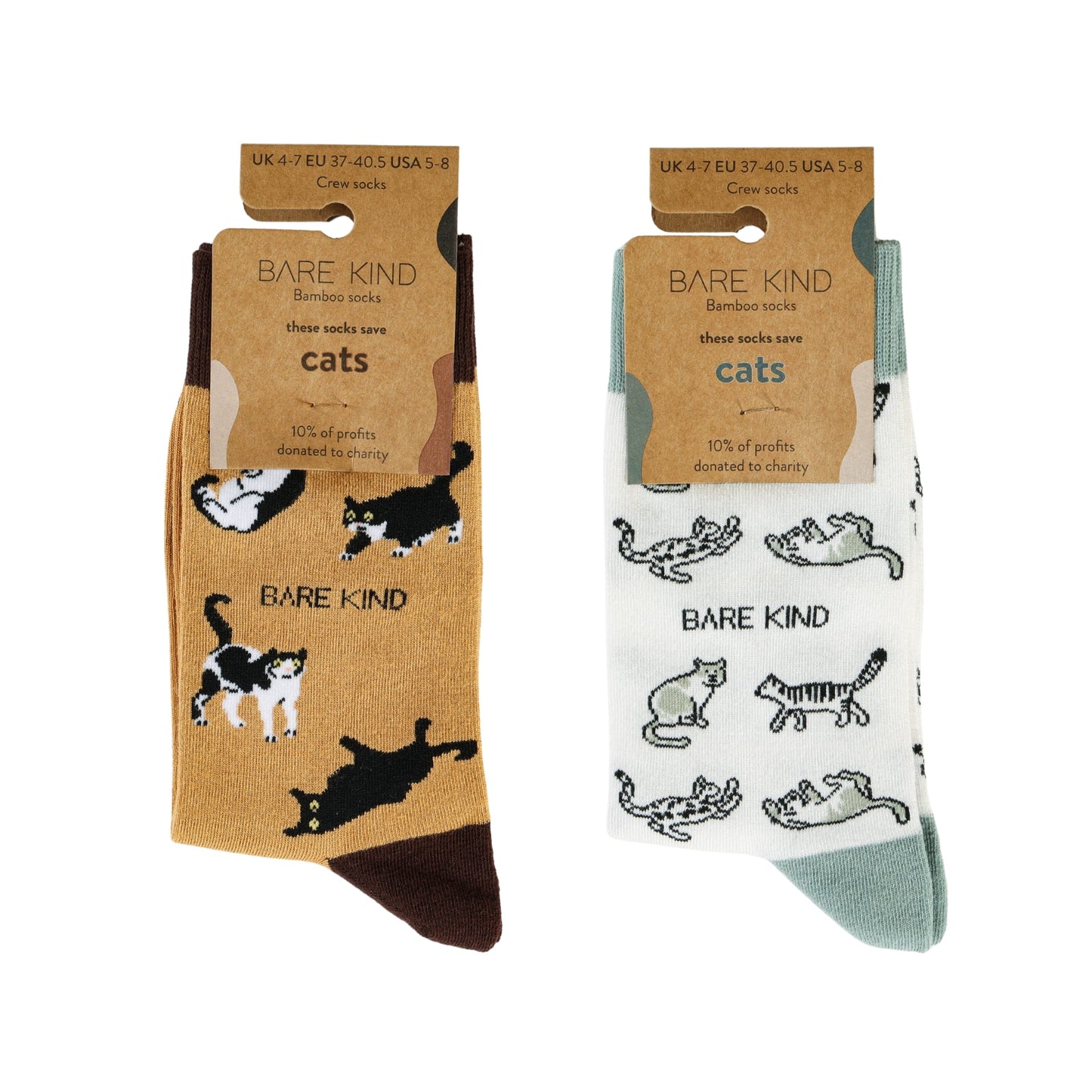 packaging flat lays of brown cat, green cat bamboo socks