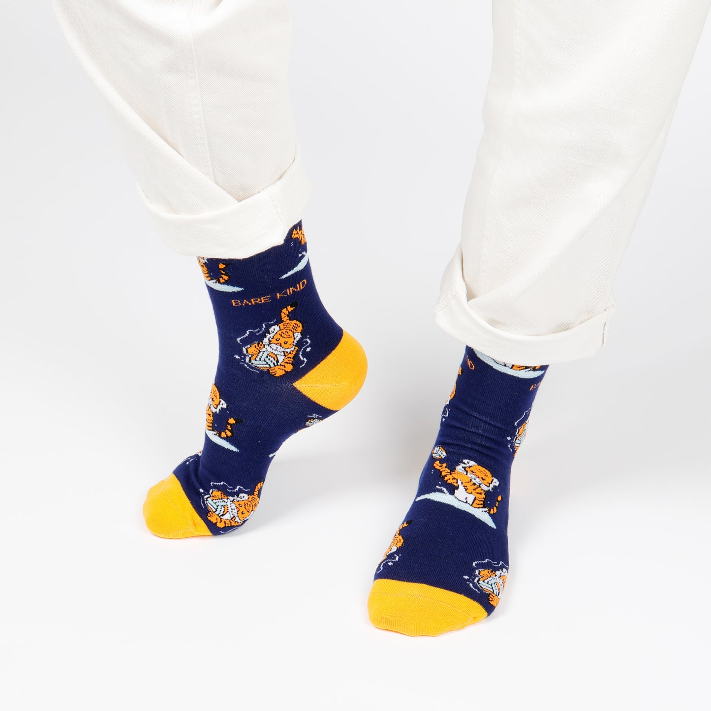 model wearing blue yellow sport tiger bamboo socks
