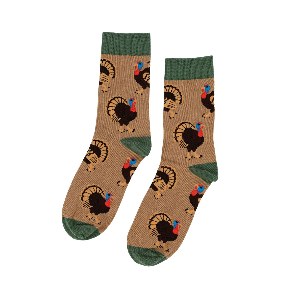 Pair of socks with turkey pattern on a white background