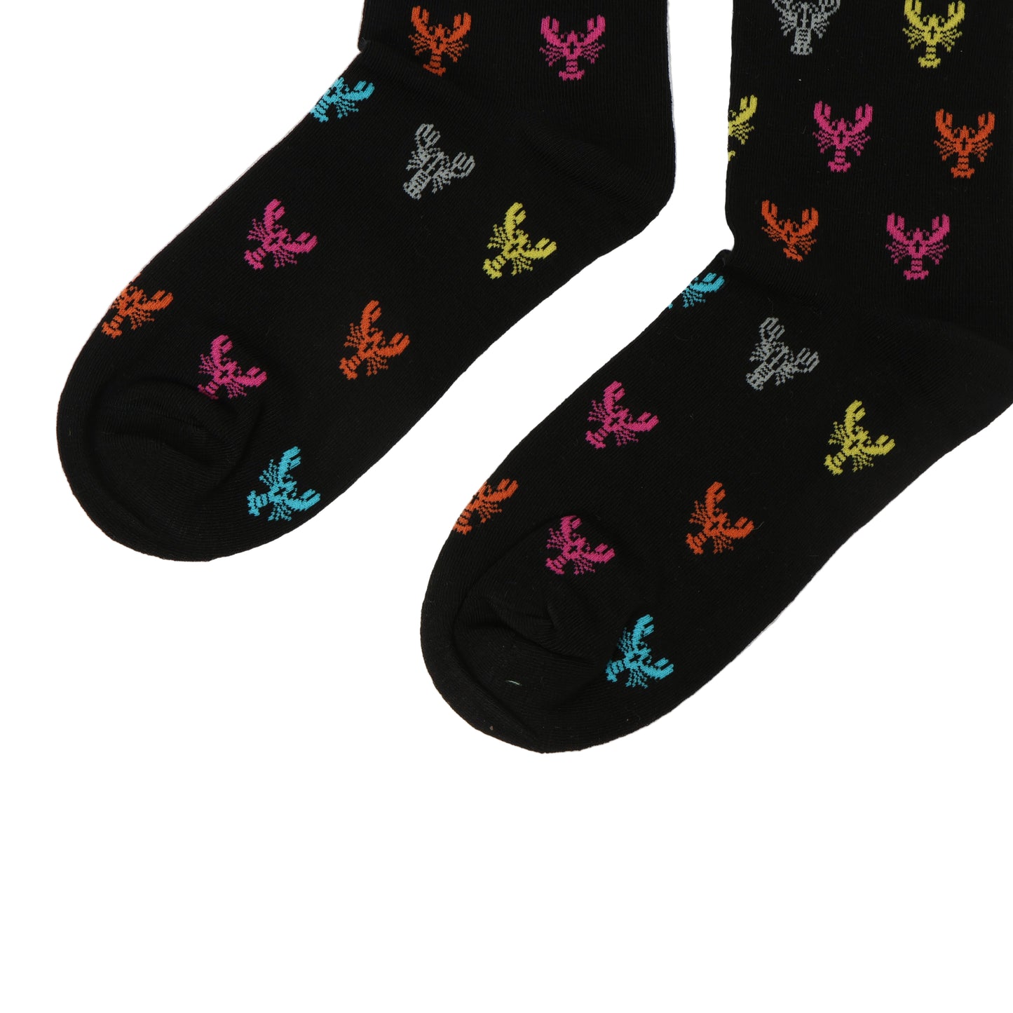 Black socks with colorful lobster pattern on a white background