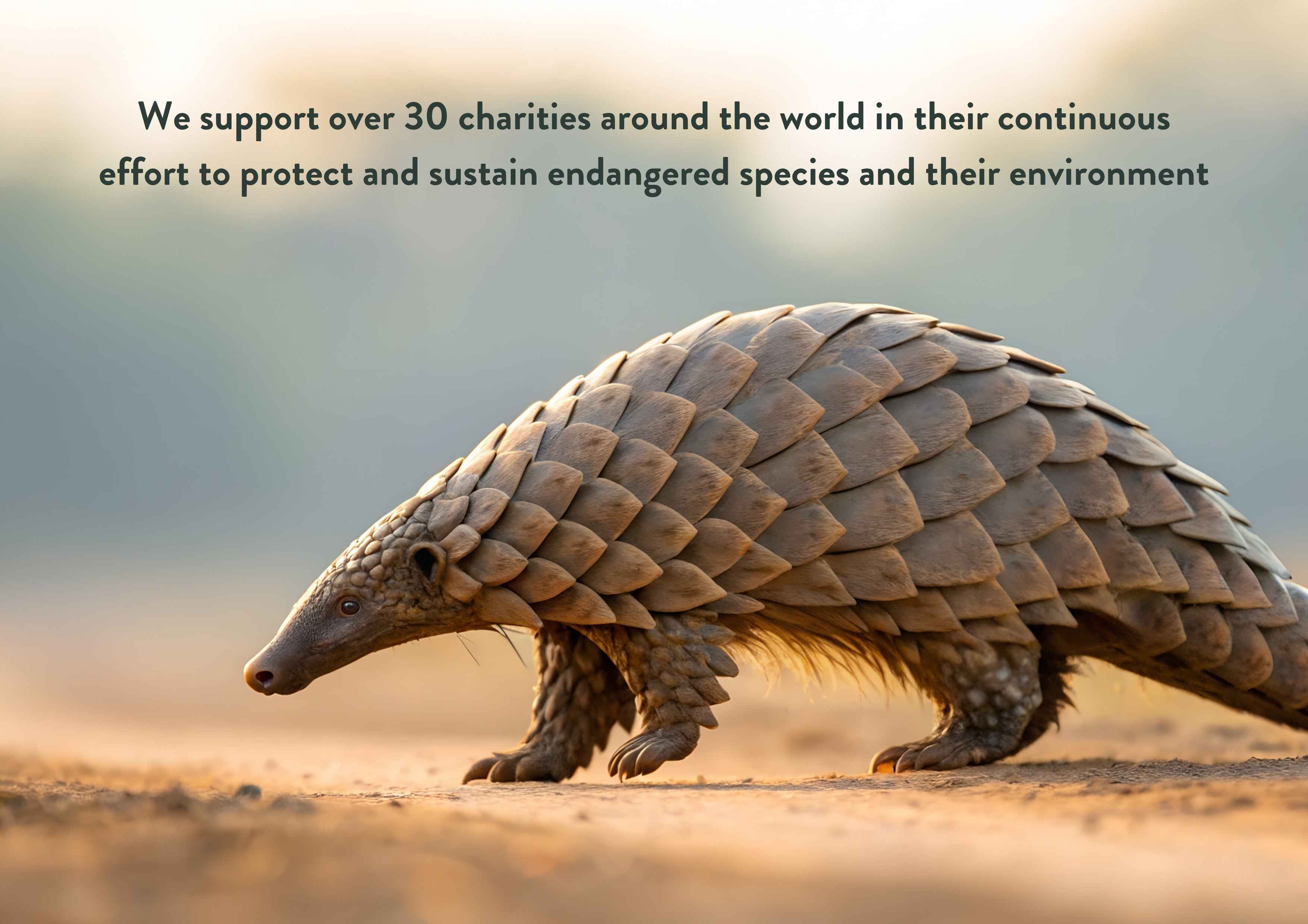 Pangolin walking on a blurred natural background with text about supporting charities for endangered species.