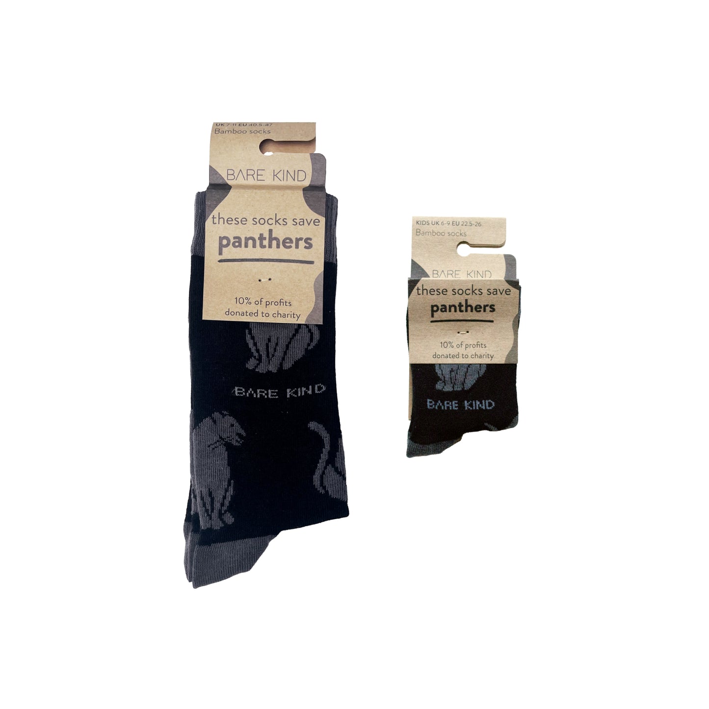 Adult size black panther bamboo socks and kids size black panther bamboo socks in 100% recyclable packaging