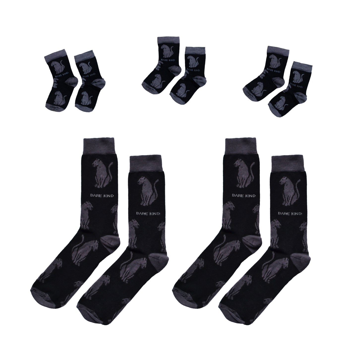 adult size bamboo socks with kids size bamboo socks with black panther animal design