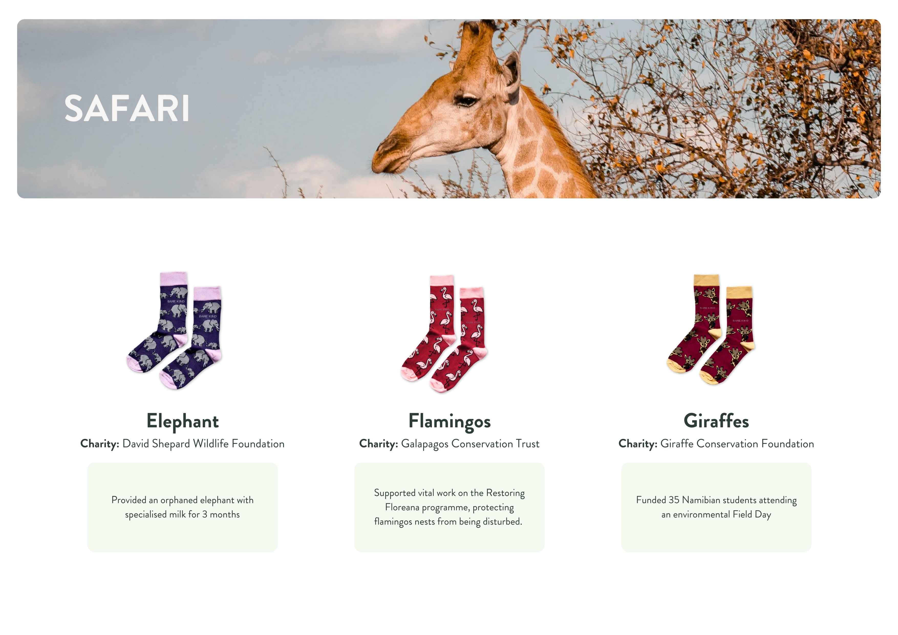 Safari-themed sock collection with images of a giraffe, flamingos, and elephants, each paired with a charity donation detail.