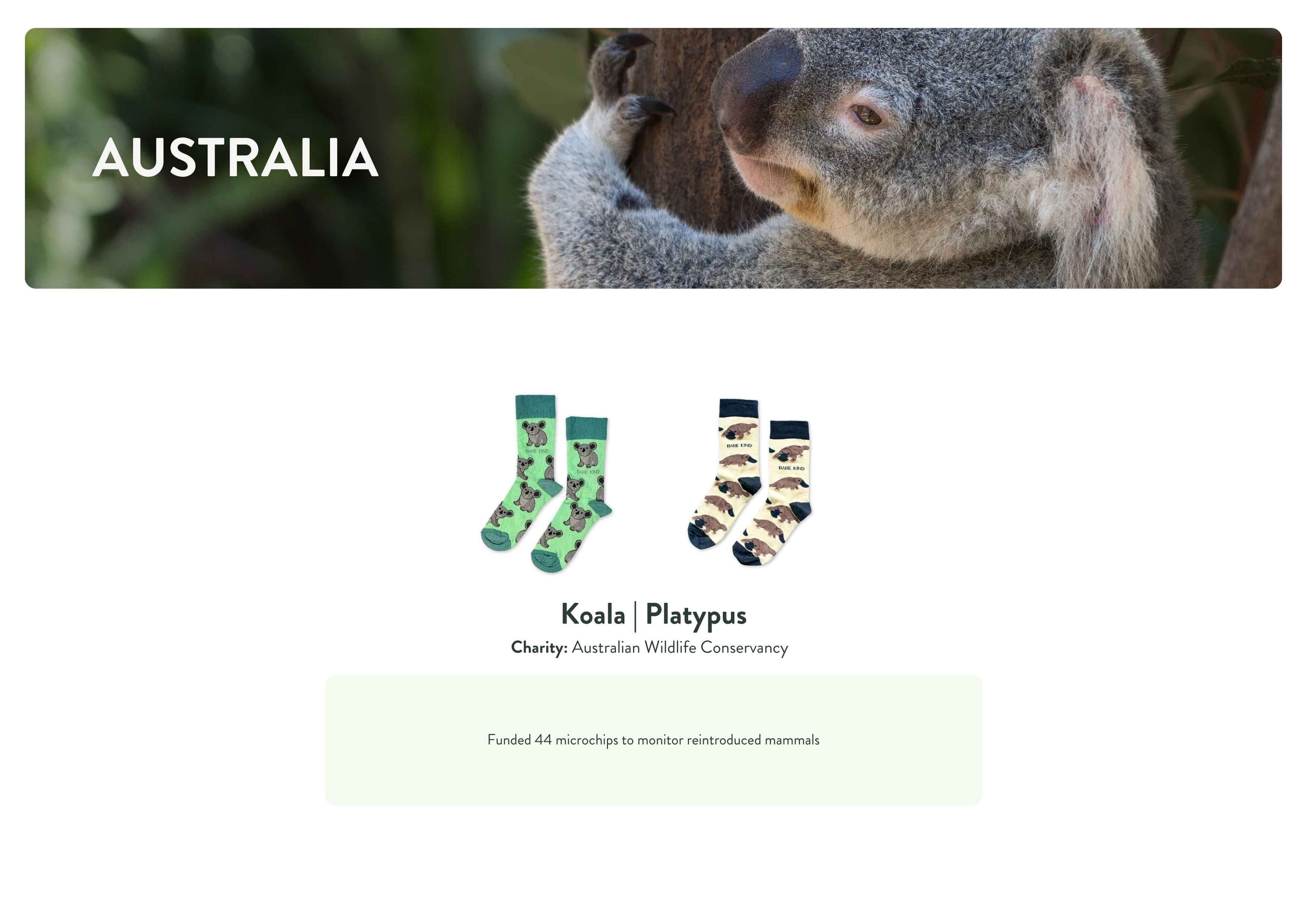 Socks with koala and platypus designs on a white background with 'Australia' text.