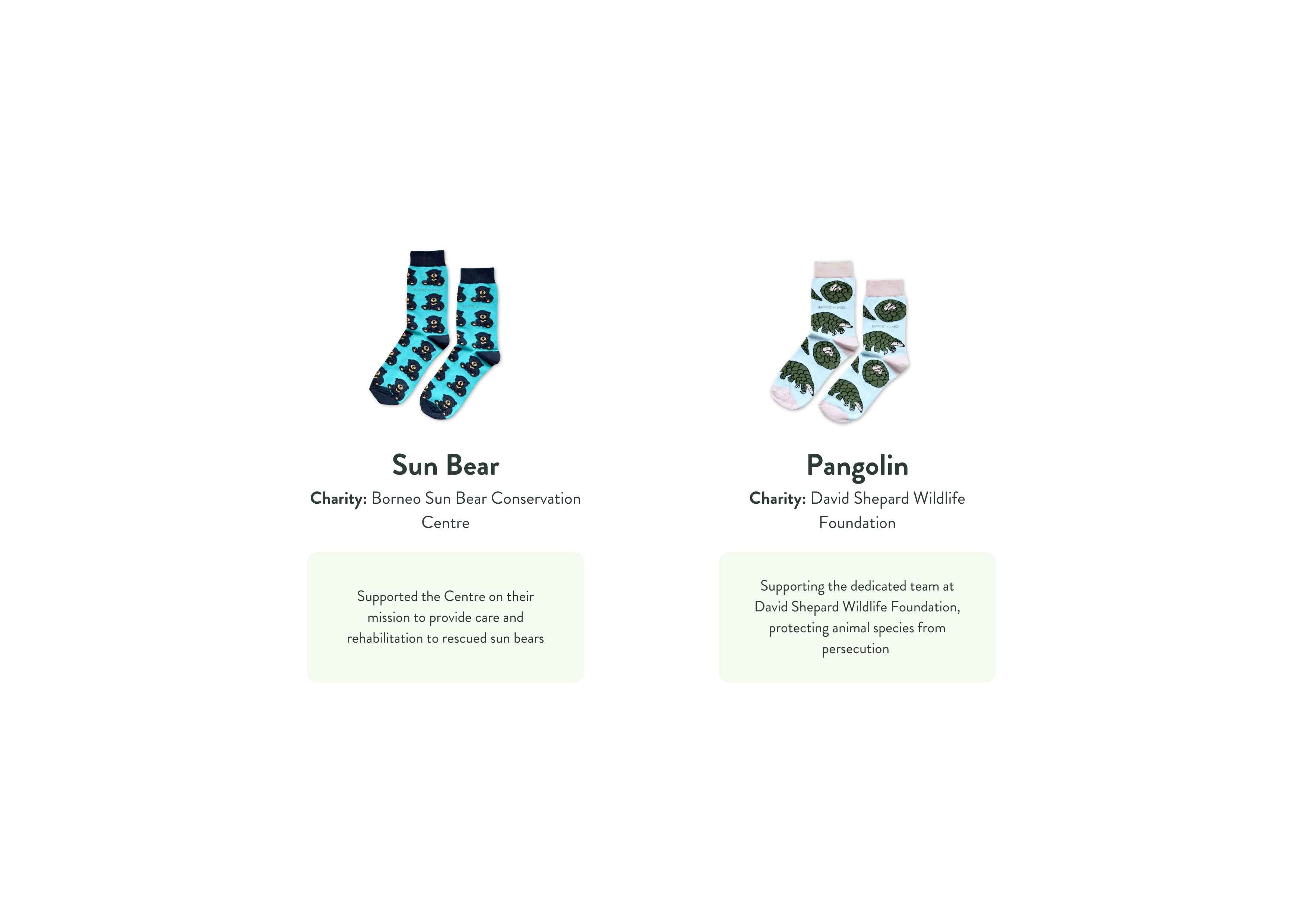 Two pairs of socks with corresponding charities on a white background