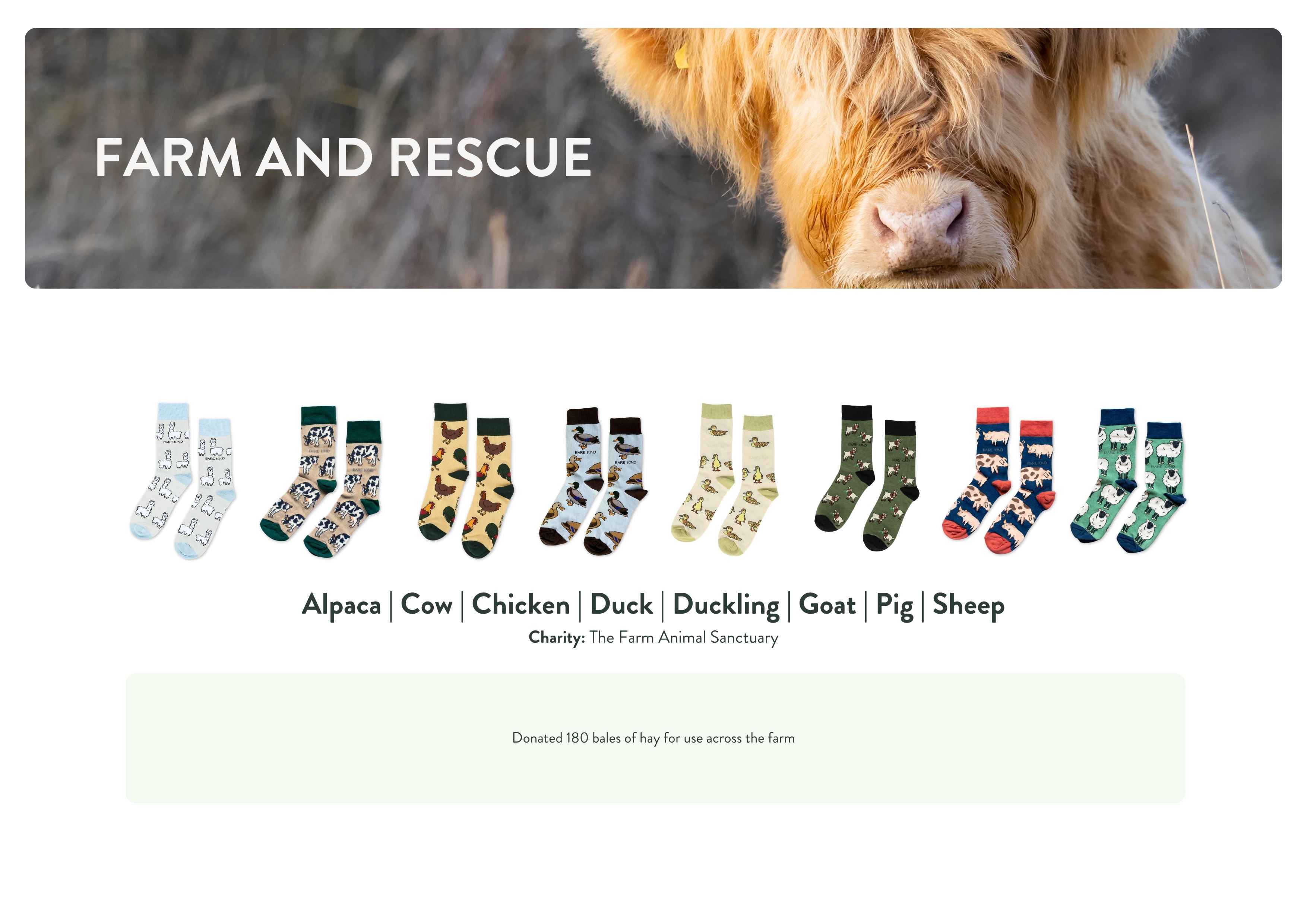 Collection of animal-themed socks with a cow's face at the top, featuring the brand 'Farm and Rescue'.