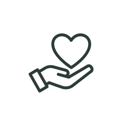 Line drawing of a hand holding a heart on a white background
