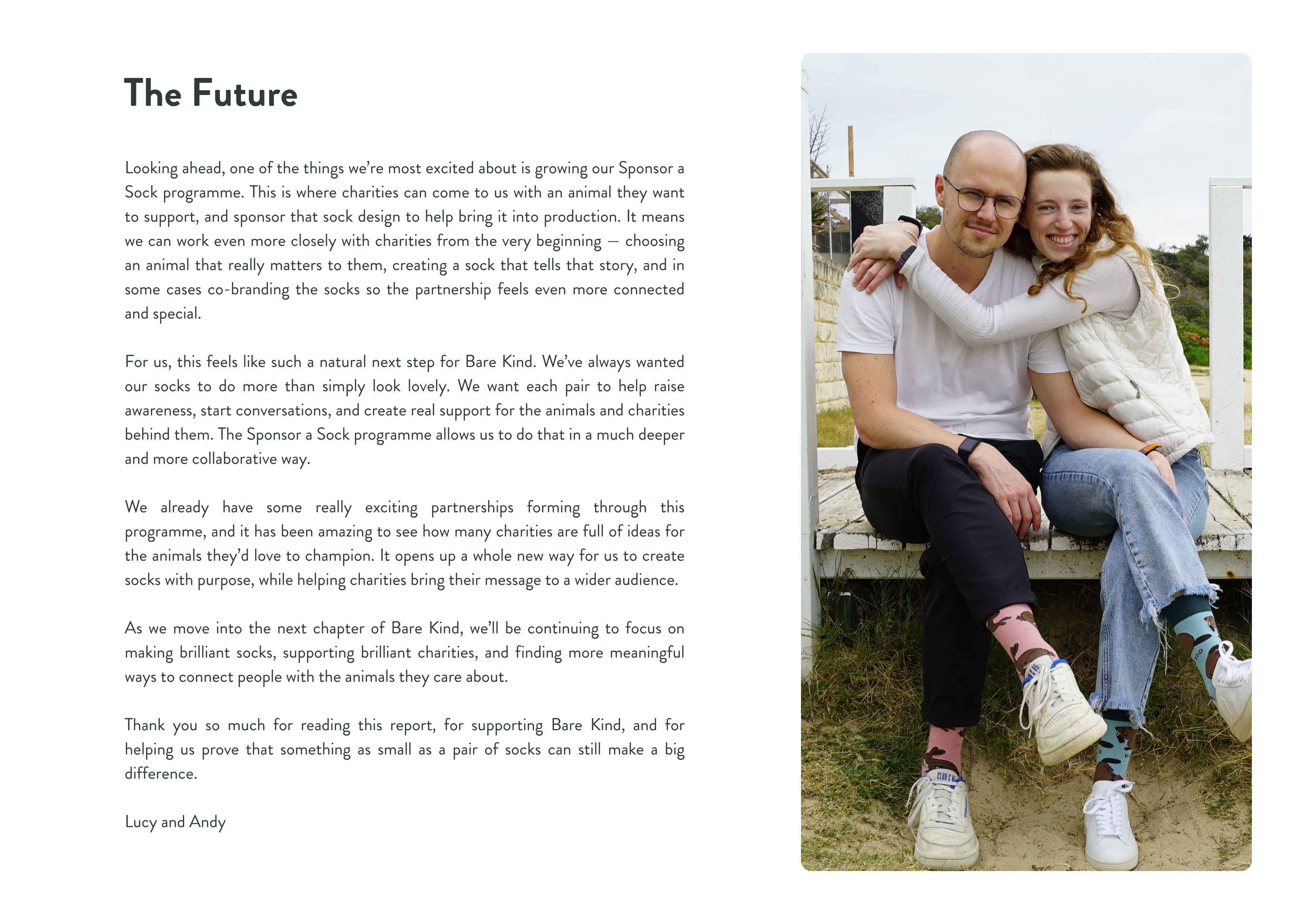 Andy & Lucy  sitting on a bench with text about the future of a sponsorship program.