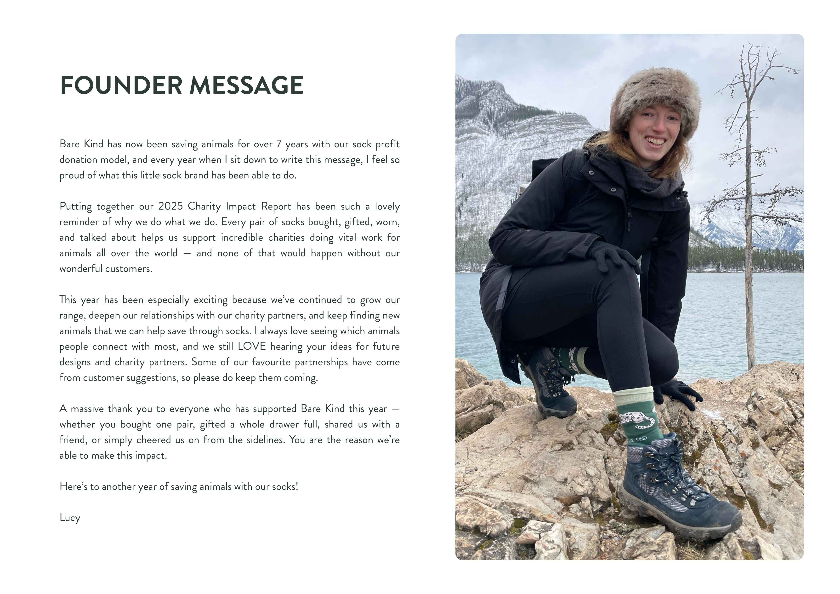 Lucy sitting on rocks by a lake with a snowy mountain background, next to text about a 2023 Charity Impact Report.