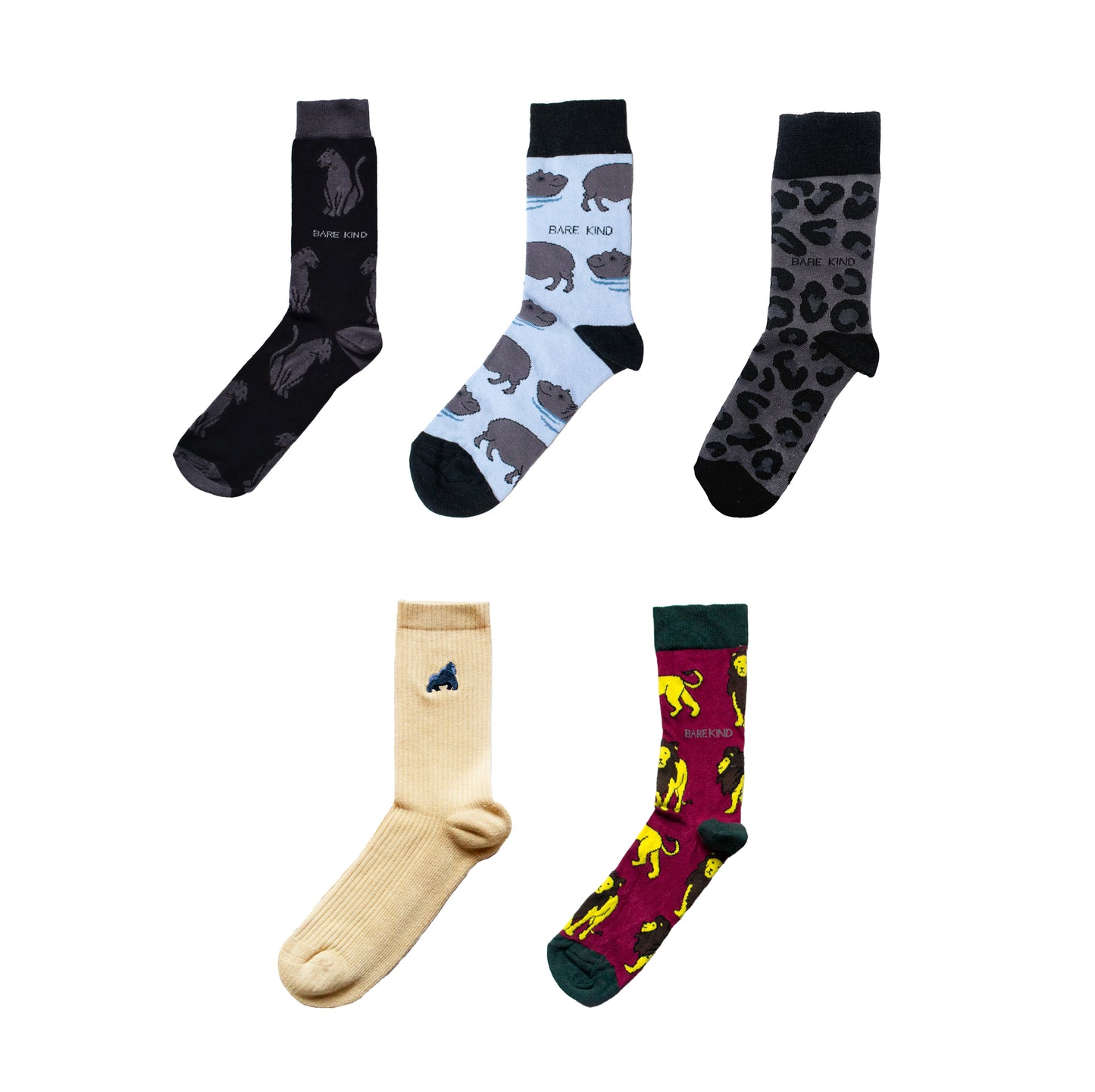 Flat lay of Bare Kind panthers, hippos, zebras, ribbed gorillas, lions bamboo socks 