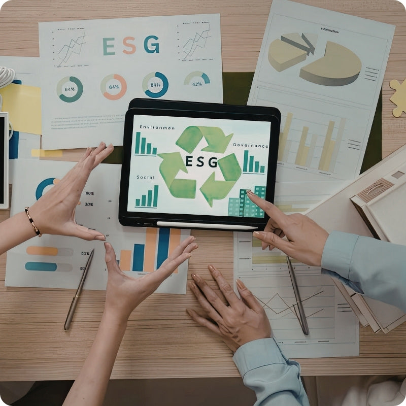 People interacting with a tablet displaying ESG (Environmental, Social, and Governance) metrics on a desk with charts and papers.