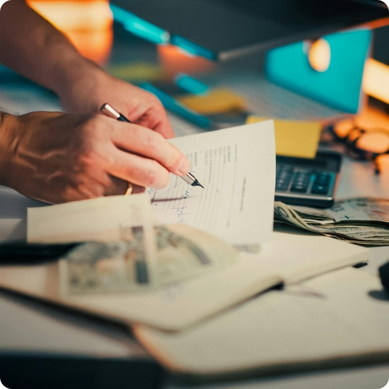 Person writing on a piece of paper with money and a calculator in the background
