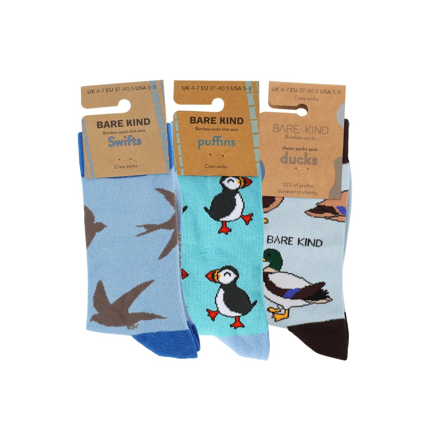 Three pairs of socks with animal designs and 'Bare Kind' branding on a white background.