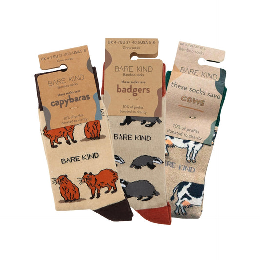 flat lays of Capybara, Badger, Cow bamboo socks