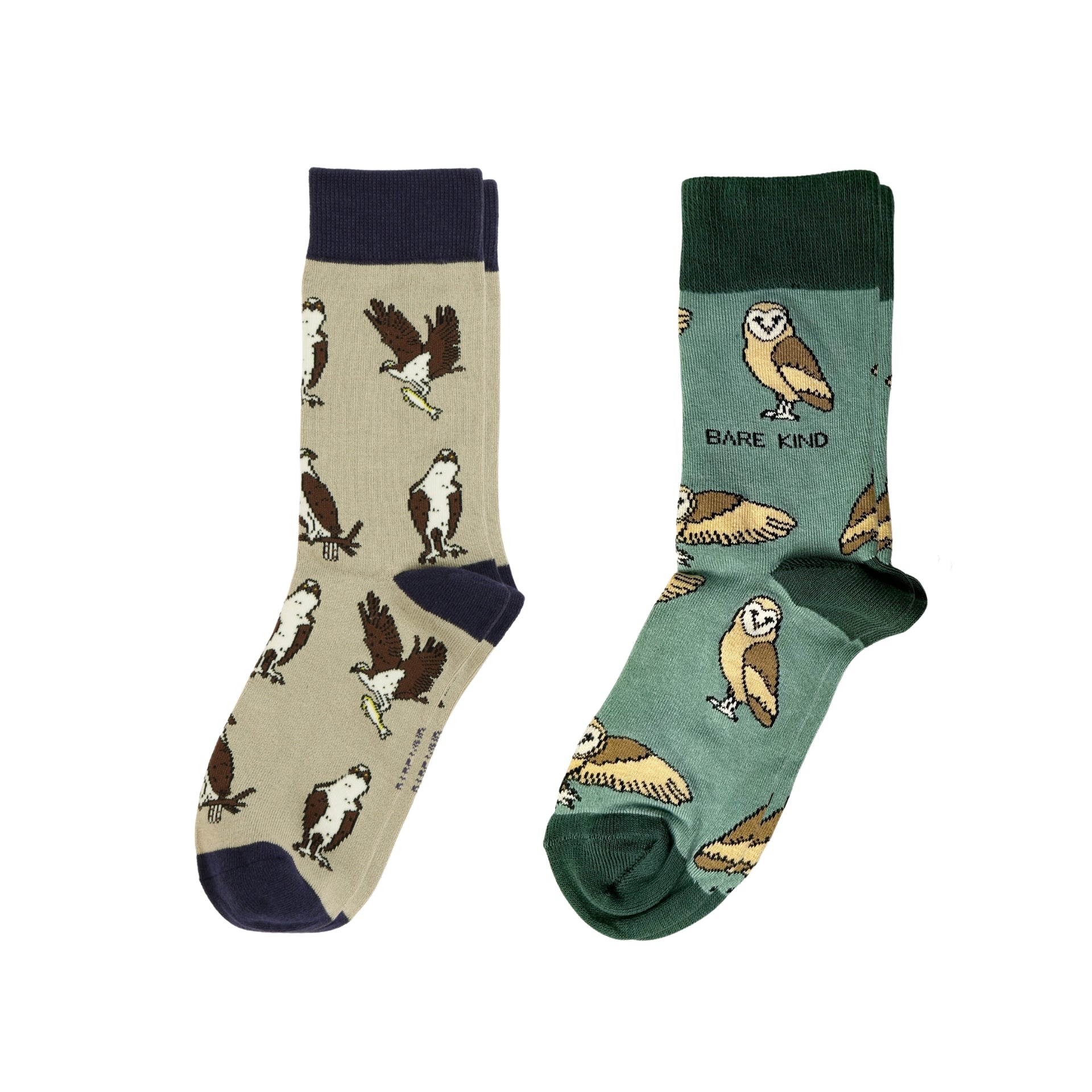 Two pairs of socks with bird designs on a white background