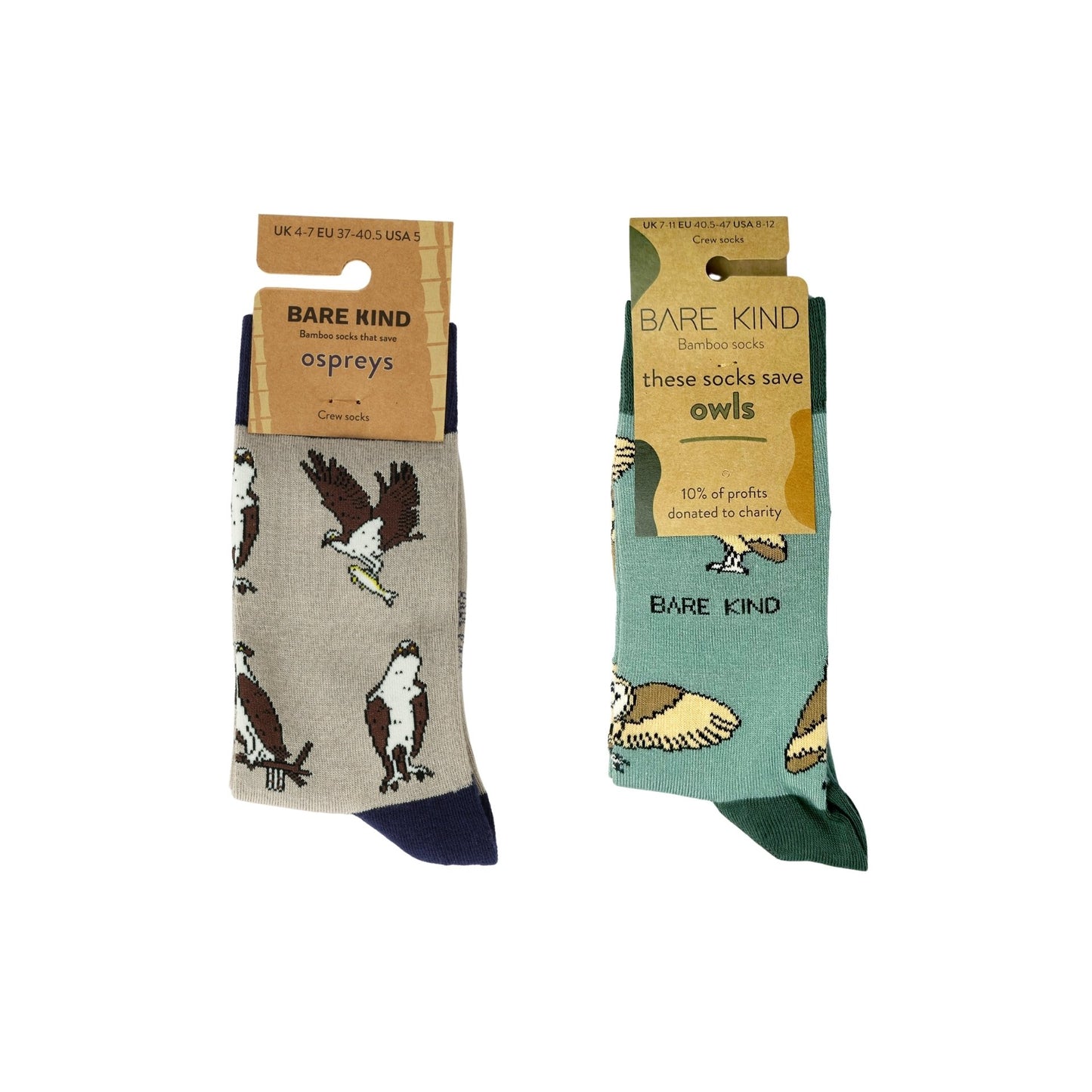 Two pairs of socks with bird designs in packaging on a white background