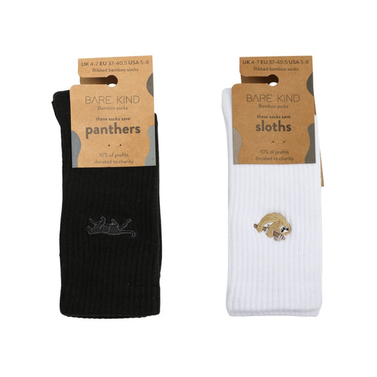 flat lays of Black Panther & Sloth ribbed socks