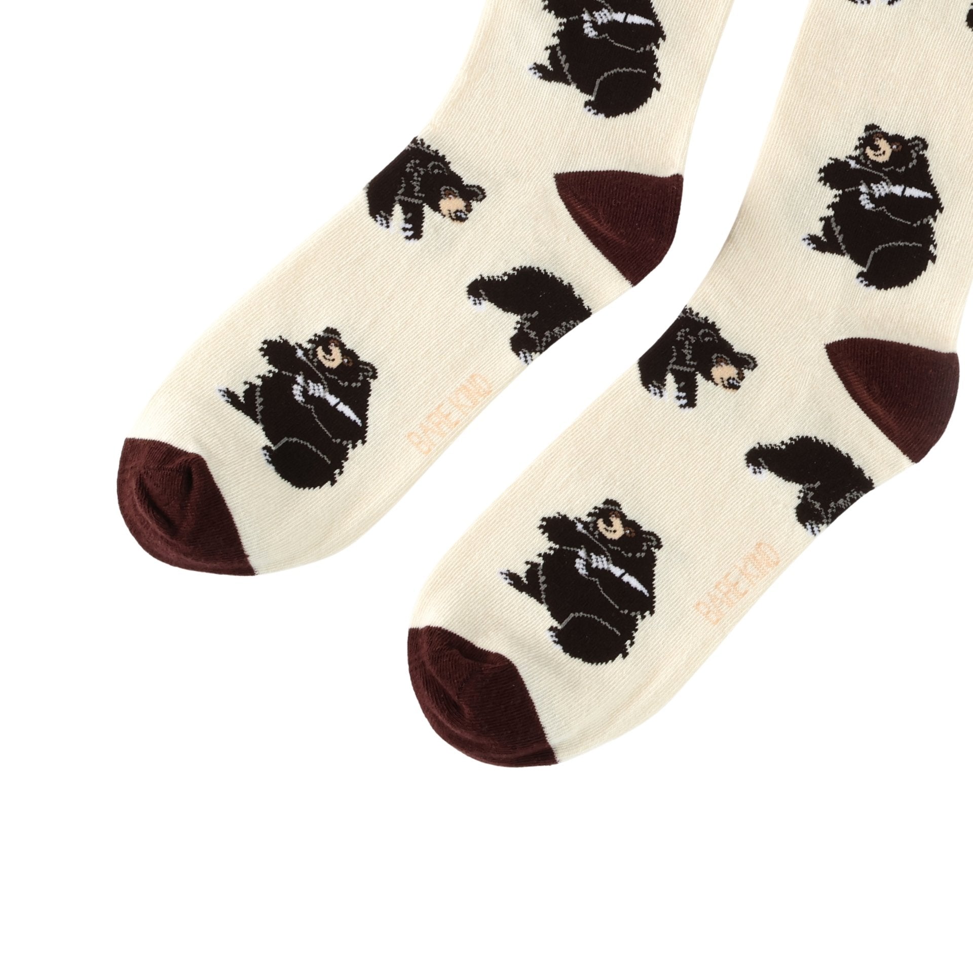 Pair of socks with bear pattern on a white background