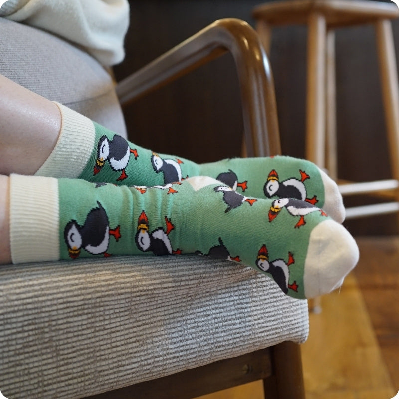 Person wearing green socks with puffin design sitting on a chair.