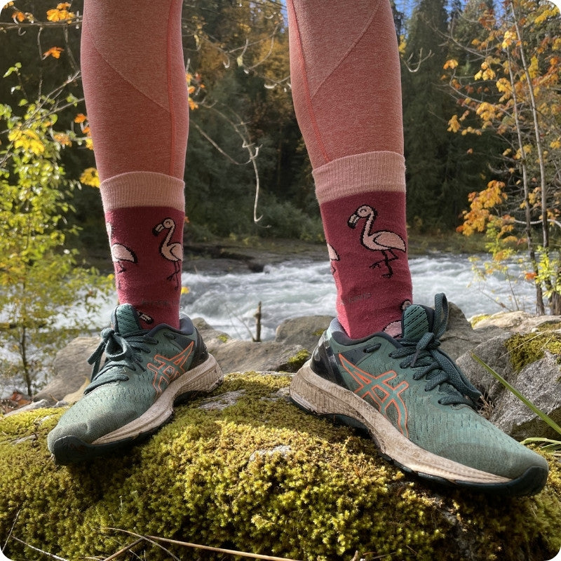 Person wearing pink socks with flamingo design and green running shoes standing on a rock with a forest background.